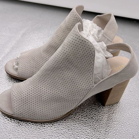 Cole Haan Calista sesame perforated suede block heel shoes - Picture 2 of 11